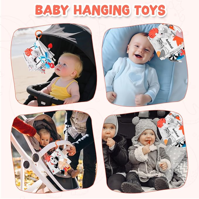 Dinosaur Fabric Book- Crinkle Sound, Touch & Feel, Press Squeaker with Soft Tail Plus Teether Feature - Baby Books Toys for Newborn Infants 0-12 Months (Teether Safe, Machine Washable)