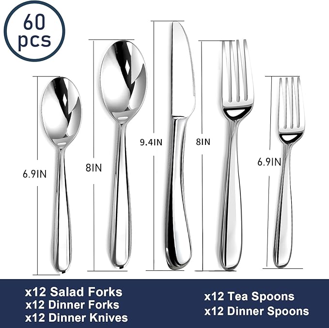 Heavy Duty Silverware Set for 12, 60 Piece Premium Stainless Steel Flatware Utensils Cutlery Set Including Steak Knife Fork and Spoon, Dishwasher Safe, Gift Package for Wedding Housewarming
