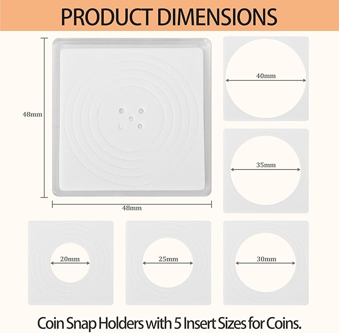 60 Pcs Coin Holders for Collectors, Clear Coin Cases with 5-Size Sponge Gaskets 20/25/30/35/40mm, Plastic Coin Slabs and Coin Protectors for Silver Dollar Collectors Collection Supplies, White