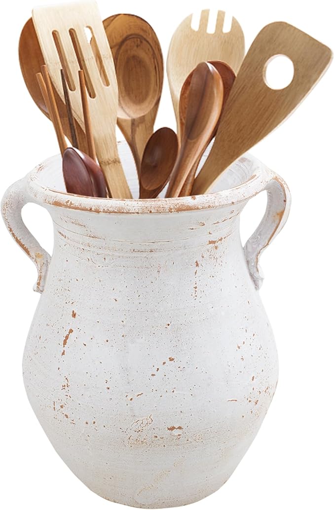 Rustic Kitchen Utensil Holder for Countertop, 7.6x4.9In Large Ceramic Cooking