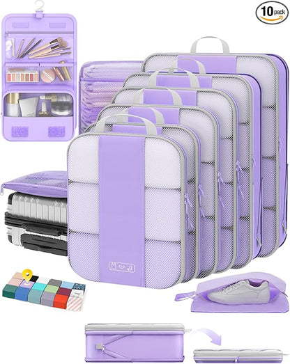 OlarHike 10-Pack Compression Packing Cubes for Travel Essentials,Compressible Expandable Packing Cubes for Suitcase,Luggage Garment Bags for Travel,Handy Helper for Organizing Clothes(Light Purple)