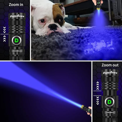 DARKDAWN UV Flashlight 365nm, LED Blacklight Flashlight, USB Rechargeable flashlights, Powerful Fluorescent Portable Mini Detector for Pet Urine Stains, Uranium Glass, Money, Resin Curing, 2 Pack