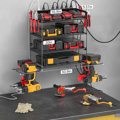CCCEI Garage Tools Storage with Charging Station. Power Tool Battery Organizer Utility Shelf with Power Strip. 4 Drills Holder Wall Mount Rack, Black 4 Layer.