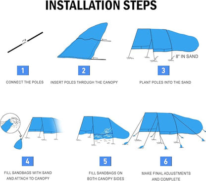 Beach Shade 200 Sq. Ft Beach Canopy for 4-8 People, Portable Sun Shelter with UV Protection, Lightweight & Easy Setup for Family Outdoor Activities (Blue)