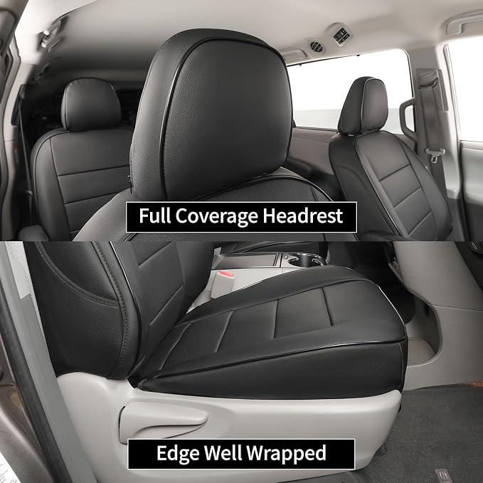 EKR Sienna Seat Covers for 2011-2020 Toyota Sienna LE,XLE, SE,XLE Premium 2nd Row 4/2/4 Split,8 Seats,Waterproof Car Seat Cover Full Set,Car Seat Protectors- Three Row,Leather(Black)