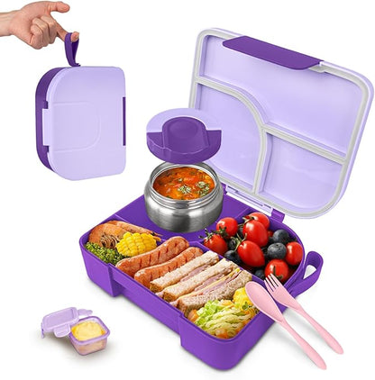 TinyPalsa Bento Box for Kids, 3 Compartment Kids Lunch Box with 10oz Leak Proof Thermos Food Jar, Easy-Open Latch, Dishwasher Safe, Ideal for School, Daycare, Travel with Portable Handle (Purple)