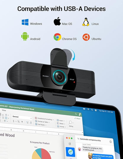 RUWBY QHD 2K Webcam with Built-in Dual Mics, Wide-Angle Lens, Privacy Cover