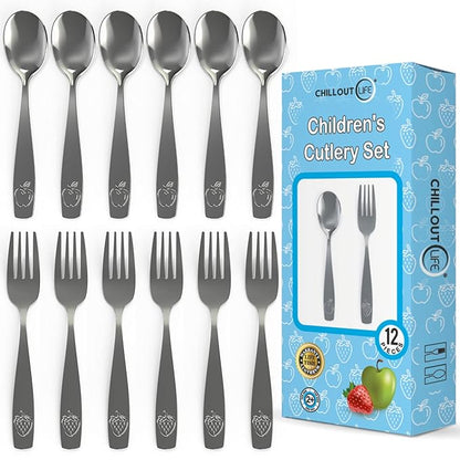 CHILLOUT LIFE Stainless Steel Kids Silverware Set 12 Pieces - Child and Toddler Safe Flatware - Kids Utensil Set - Metal Kids Cutlery Set (Includes 6 Small Kids Spoons & Kids 6 Forks)