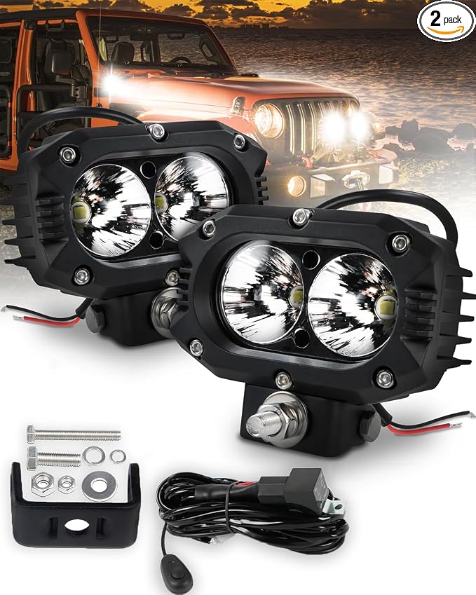 4Inch LED Driving Pod Light, LED Square Off-Road Light Super Brighter White Flood Beam Offroad Driving with Wiring Harness Kit for Jeep Wrangler Truck Pickup SUV ATV UTV