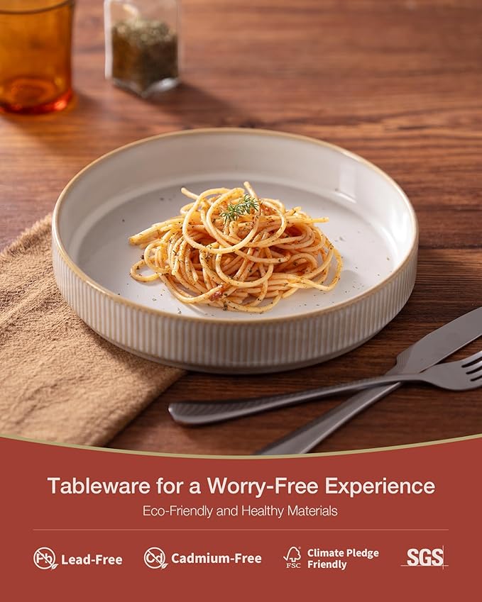 famiware Star 8.25" Pasta Bowls, Large Dinner Bowls Set of 4, Salad Bowl Plates, Shallow Bowls for Eating, Cappuccino White