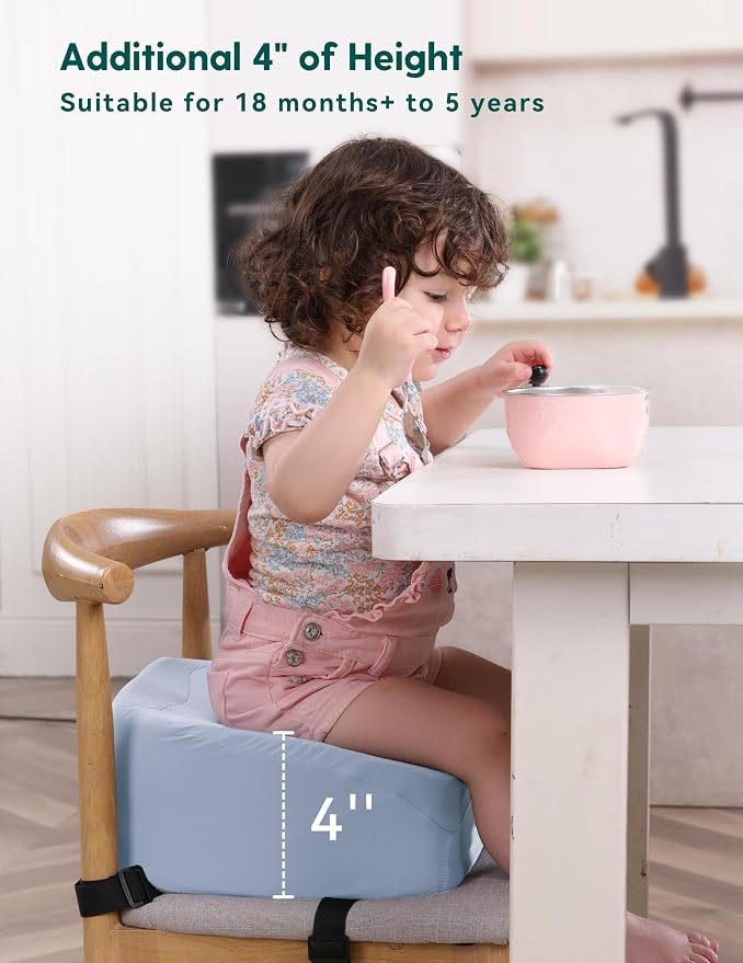 Babelio Ergo-Designed Booster Seat for Kitchen Chair, Promote Proper Upright Posture, Toddler Booster Seat for Dining Table, Removable & Washable Cover, Suitable for 18 Months to 5 Years, Blue