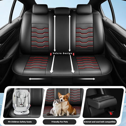 Fit Renegade Car Seat Covers for Jeep Renegade 2015-2024 -Full Set Premium Leather, Waterproof & Breathable，All-Weather Seat Cushion Protecto & Airbag Compatible, 5 Seats Red Line Black