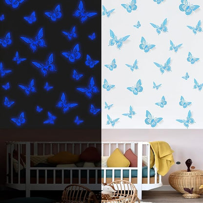 SAOROPEB Glow in The Dark 3D Butterfly 24 Pcs 3 Sizes, Luminous Butterfly Stickers for Ceiling or Wall, Glow in The Dark Party Supplies, Removable Luminous Stickers for Kids Babys Nursery (Blue)