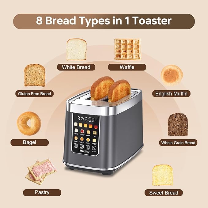 Mecity 2 Slice Toaster with Touch Screen & Auto Lift, Stainless Steel