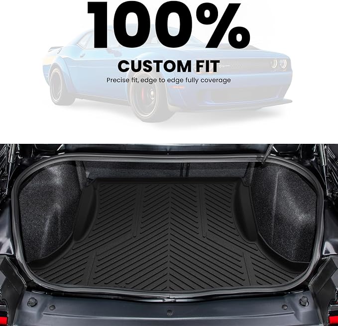 LASFIT Cargo Mats for Dodge Challenger 2011 2012 2013 2014 2015 2016 2017 2018 2019 2020 2021 2022 2023, All Weather TPE Custom Fit Trunk Mats Cargo Liners, Black