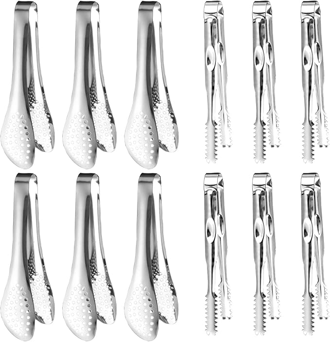 12-Piece Mini Stainless Steel Salad Tongs - 5 Inch Small Tongs for Serving Food, Mini Serving Utensils for Appetizers, Party, Coffee, Desserts (Silver)