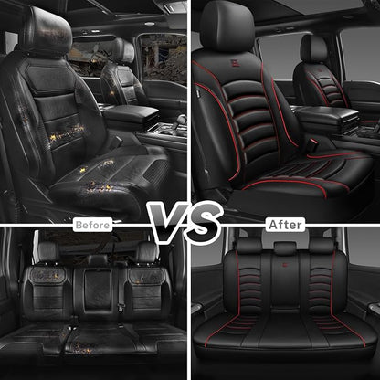 CAR PASS 3D Foam PU Leather Car Seat Covers, Universal Seat Covers Full Sets for Trucks SUV Sedan Automotive Seat Covers Armrest Airbag Compatible Waterproof Comfortable Faux Nappa Leather Black Red