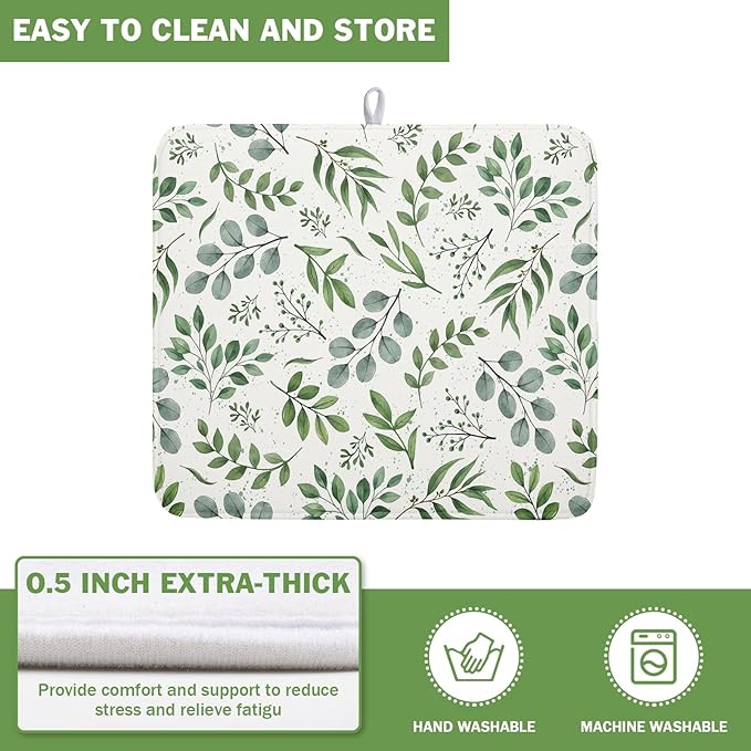 Kawani Sage Green Dish Drying Mat 16x18 In Absorbent Reversible Eucalyptus