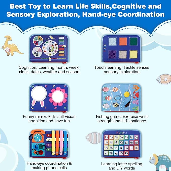 Busy Board Montessori Toys for 1 2 3 4 Year Old Boys Girls Gifts, Sensory Toy for Toddlers 1-3, Educational Activities Travel Toy for Airplane Car, Busy Book for Learning Fine Motor Skills,Blue