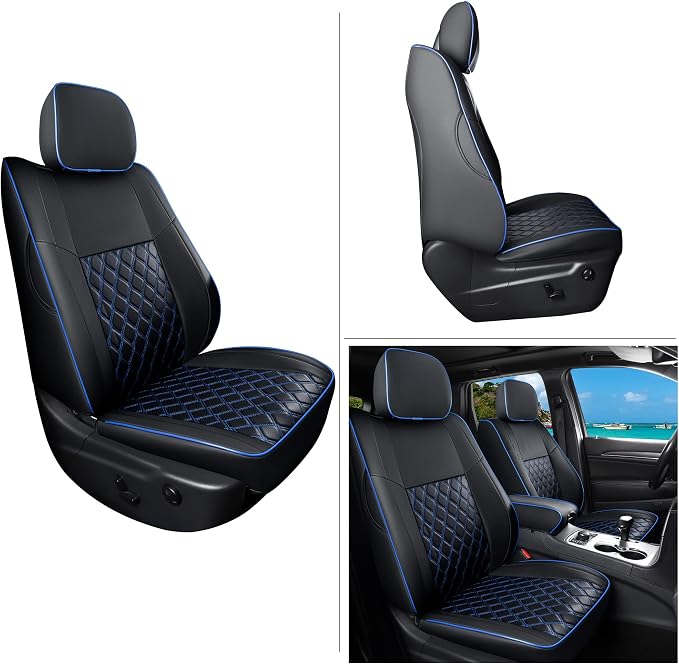 Huidasource Upgrade Grand Cherokee Seat Covers, Full Coverage Waterproof Leather Car Seat Covers, Custom Seat Cushion Protector Fit for Grand Cherokee 2011-2021 (Full Set/Black&Blue)