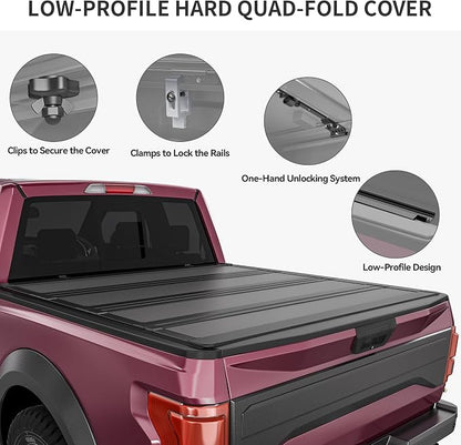 OEDRO Low-Profile Hard Quad-Fold Tonneau Cover Compatible with Toyota Tacoma 2024 2025 2026 (Excl. Trail Edition) 5ft Bed with Tacoma Bed Rail, One-Handed Quick Release, Drainage Design