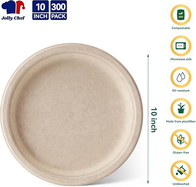 JOLLY CHEF Compostable Heavy Duty Plates 𝟭𝟬 𝗜𝗻𝗰𝗵 [𝟯𝟬𝟬 𝗣𝗮𝗰𝗸] Eco-Friendly Disposable Paper Plates Made of Bagasse Biodegradable Bulk for Party Dinner Sugarcane Thanksgiving Day (Natural)