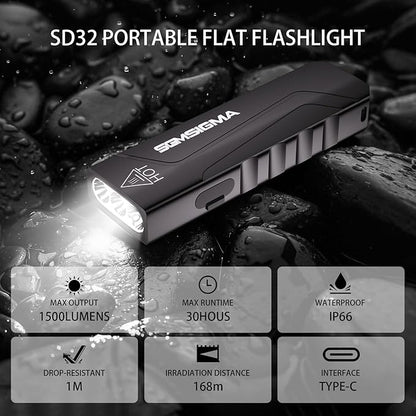 1500 Lumen Compact Flat Flashlight 2Pack, USB-C Rechargeable Ultra Thin Portable EDC Flashlight, 6-Mode Pocket Light for Outdoor Camping, Emergency, and Home Use