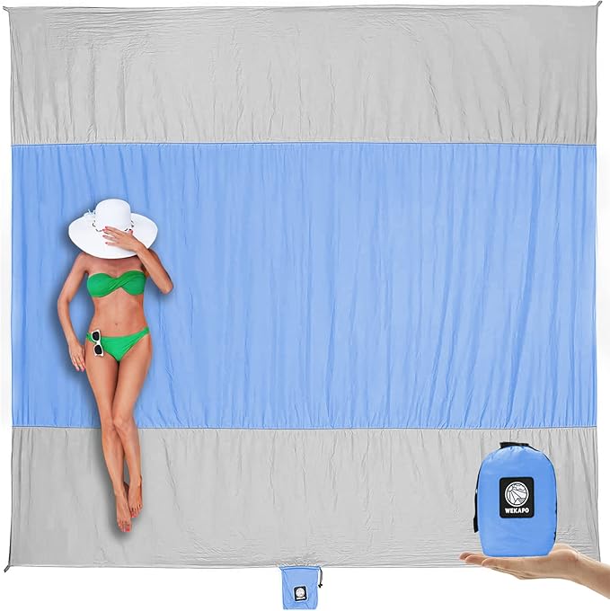 WEKAPO Beach Blanket Sandproof Waterproof, Extra Large Beach Mat, Oversized & Compact Sand Free Mat Quick Drying, Lightweight & Durable with Stakes & Corner Pockets