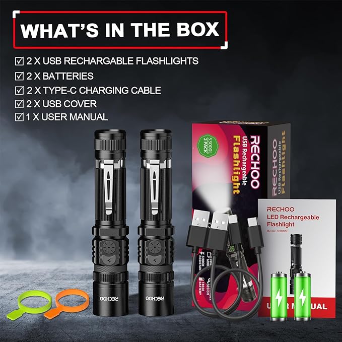 Rechargeable Flashlights 2 Pack, RECHOO High Lumens LED Tactical Flashlight with Double Switch, Small Bright Flash Lights with 5 Modes, Zoomable, IP65 Waterproof for Camping, Hiking, Emergencies