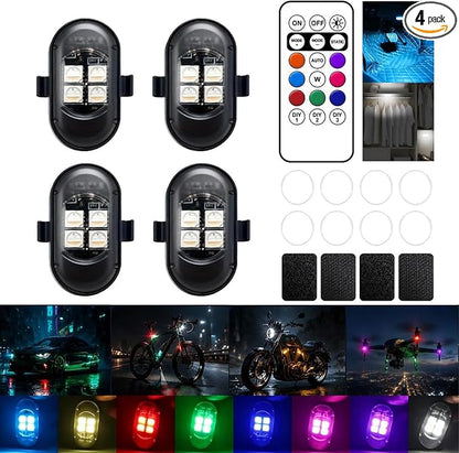 Upgraded 4PCS Mini Wireless LED Strobe Lights for Car Drone Motorcycle Bike with Remote Control High-Brightness Warning Wireless LED Lights for Motorcycle USB Rechargeable 8-Color Car Lights Interior