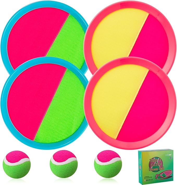 Beach Games, Outdoor Toys for Kids Ages 4-8, Toss and Catch Ball Set, with 4 Paddles 3 Balls, and 1 Storage Bag, Beach Toys Easter Gifts for Kids -2 Pink + 2 Blue