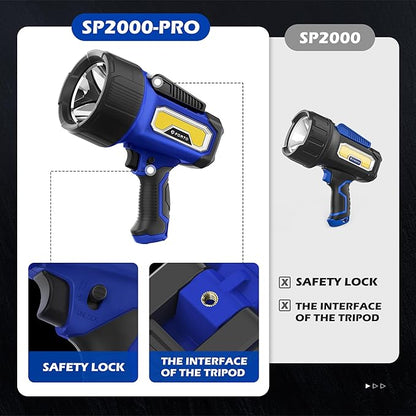 FORTO Rechargeable Spotlight Flashlight, 200000 Lumens Handheld Spotlight with Foldable Stand, 6 Modes IPX7 Waterproof LED Spot Lights for Boating Hunting Camping Hiking (Blue)