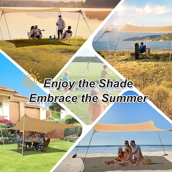 10×10ft UPF50+ Beach Tent Sun Shelter, Windproof Stable Outdoor Pop Up Beach Shade Canopy for Camping, Fishing, Backyard Fun or Picnics, 4 Poles