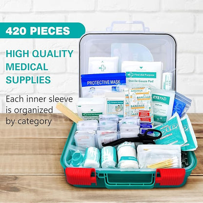 General Medi 420 Pieces Professional First Aid Kit - HardCase First Aid Box - Contains Premium Medical Supplies for Travel, Home, Office, Vehicle, Camping, Workplace & Outdoor