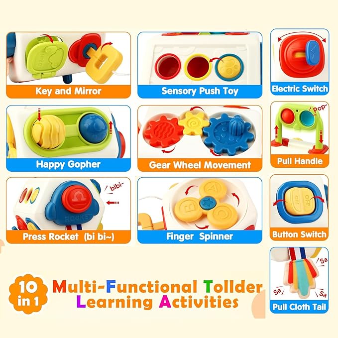 Busy Cube for Toddlers 1 Years Old, Montessori Toys for 1 Year Old - Ideal Gifts for 1 Year Old Boys Girls - Airplane Plane Car Travel Toys for 6 to 18 Months Toddlers Educational Learning Toys