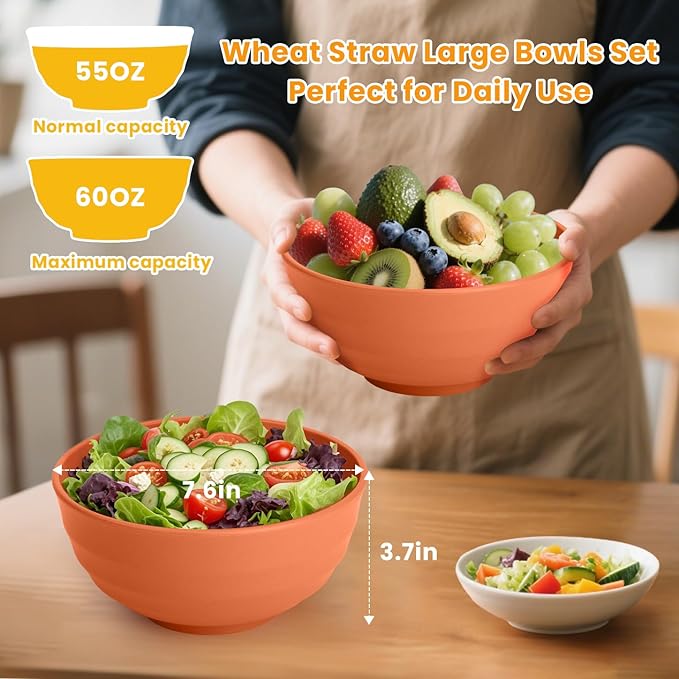 Homienly Large Bowl Set of 8, 60 oz Orange Wheat Straw Bowls, Unbreakable & Microwave Safe, Big Soup and Salad Bowls for Wedding, Party, Camping, Family Dining