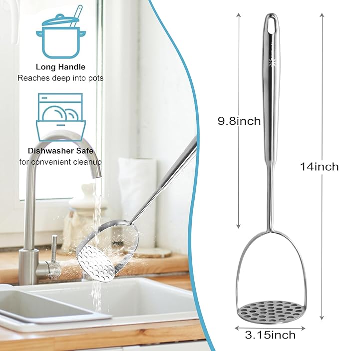 Potato Masher Stainless Steel - Mashed Potato Masher Kitchen Utensil，Potato Smasher For Potatoes, Bean, Vegetable & Fruits，Pet Food, Heavy Duty Metal Avocados Smasher Tool, Dishwasher Safe, 14 Inch