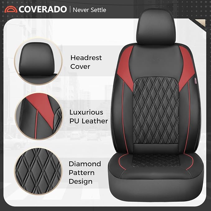 Coverado Automotive Seat Covers, Faux Leather Seat Covers Front Seat, Luxury Car Seat Covers, Seat Cushion, Front Driver Seat Covers, Car Seat Protector Truck Accessories Fit Most Cars, Black&Red