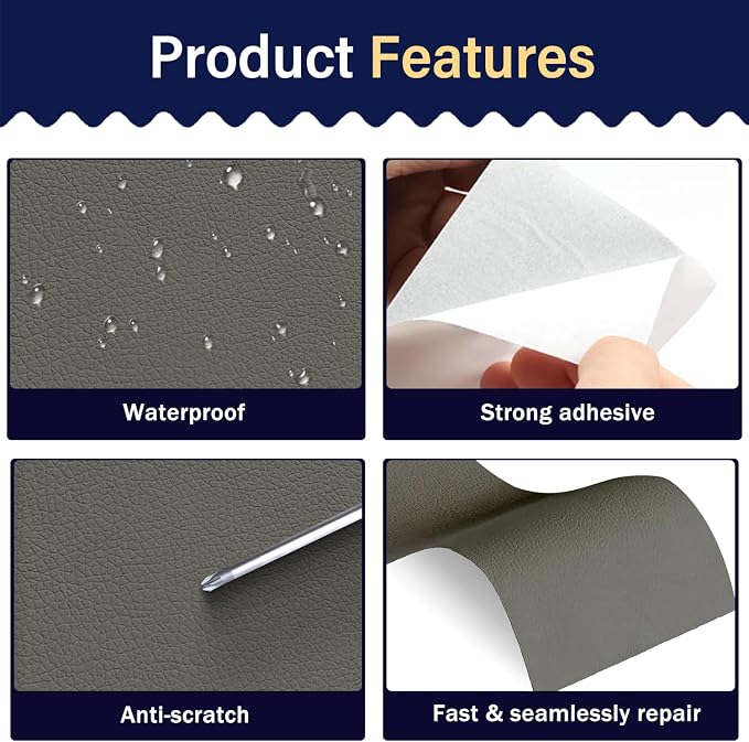 Zenyao Leather Repair Patch Tape - Self Adhesive Leather Repair Kit for Car Seat Furniture, Heavy Duty Vinyl Repair Patch for Couch Sofa, Waterproof Fix for Tears, 16x60 Inch Roll, Light Grey