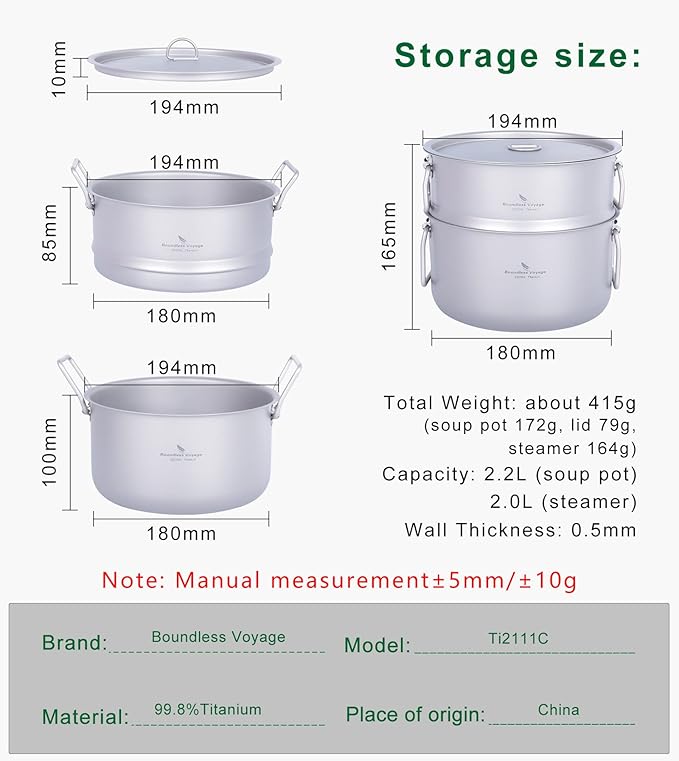 iBasnigo 2.2L Titanium Pot with Steamer Lightweight Portable Cookware Set for Camping Hiking Kitchen Cooking US-Ti2111C