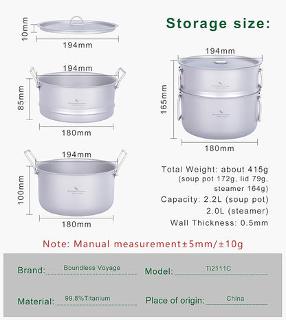 iBasnigo 2.2L Titanium Pot with Steamer Lightweight Portable Cookware Set for Camping Hiking Kitchen Cooking US-Ti2111C