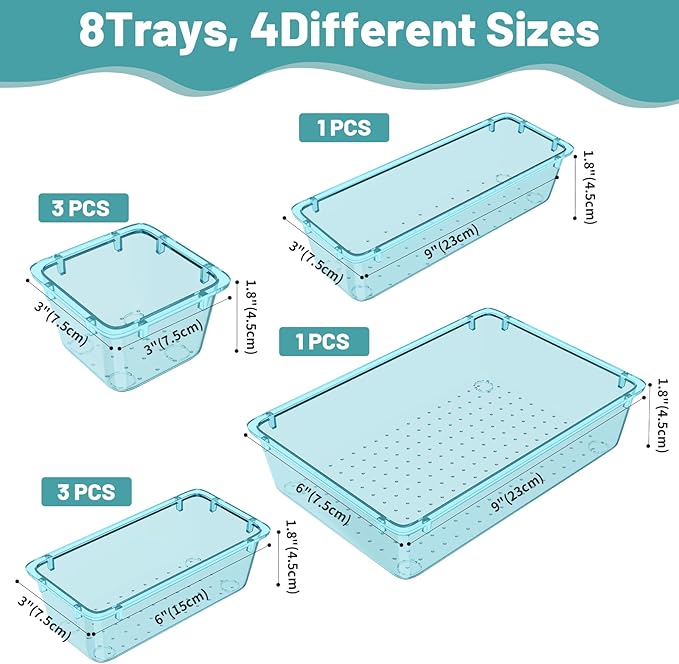 WOWBOX 8 PCS Plastic Drawer Organizer Set, 4 Sizes Desk Drawer Organization and