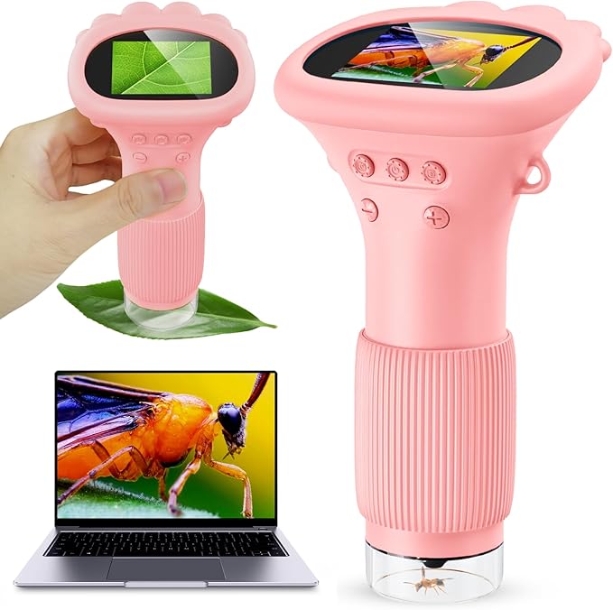 Kids Magnifying Glass, 2.0 Inch Digital Screen Mini Pocket Microscope for Bug - 200x Zoom Handheld Microscope with Adjustable Lights, Edu Birthday Gifts for Age 3-12 Girls