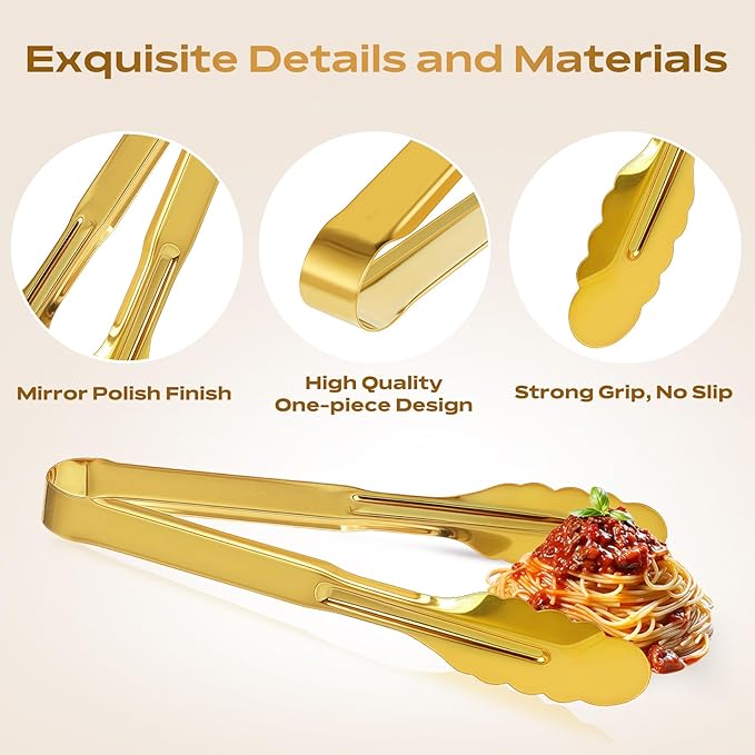 4 Pack Stainless Steel Serving Tongs, 9 Inch Gold Salad Tongs Serving Utensils