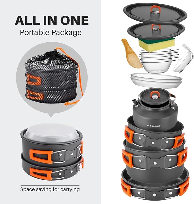 Odoland 15pcs Camping Cookware Non-Stick Lightweight Camping Pots and Pans Set with Kettle Plastic Plates Bowls Soup Spoon for Camping, Backpacking, Outdoor Cooking and Picnic
