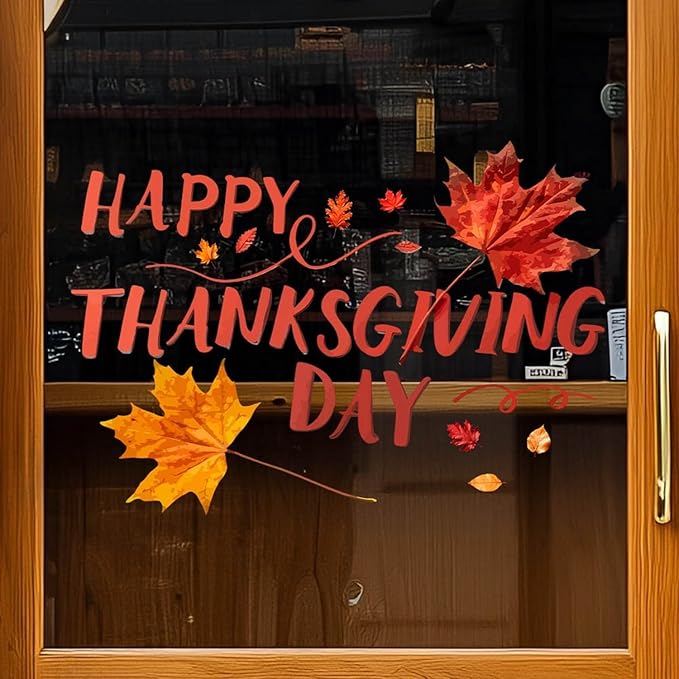 1 Sheet Thanksgiving Clings for Glass Windows DIY Fall Leaves Window Clings Double-Sided Autumn Window Cings Happy Thanksgiving Day Window Stickers for Party Glass Decoration