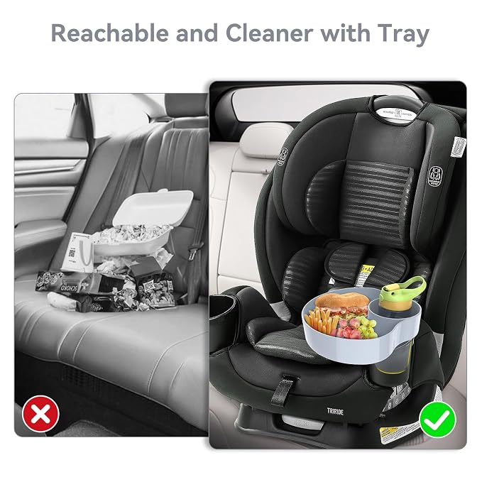 Car Seat Cup Holder Snack Tray: Travel Tray for Kids Car Seat Food Tray for Kids Travel, Toddler Carseat Eating Plate Table, Kid Road Trip Table Essentials Accessories, Grey