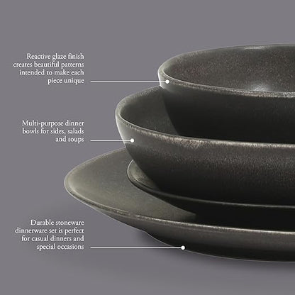 Gibson Elite Zion Mist 16 Piece Stoneware Reactive Glaze (Service for 4) Ceramic Plates and Bowls Modern Organic Dinnerware Set - Black
