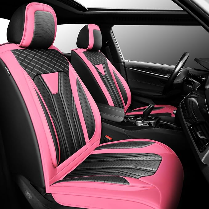 Fit Patriot Car Seat Covers for Jeep Patriot 5 Seats 2007-2016 2017 -Premium Leather, Waterproof & Breathable，All-Weather Seat Cushion Protecto & Airbag Compatible, 2 Front Seat Pink&Black