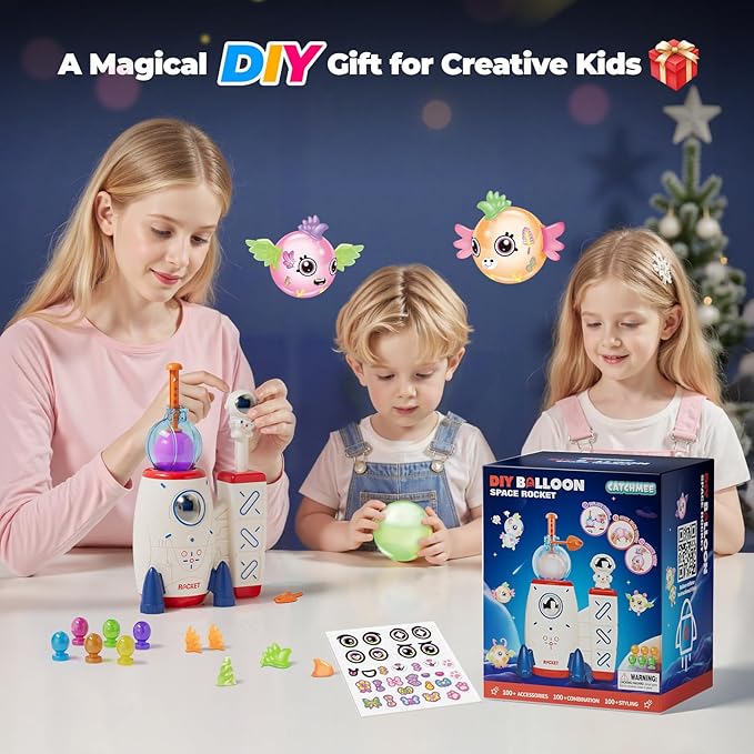DIY Space Magic Balloon Craft Kit, Sticker Decorated Balloons Toy for Kids, Rocket Air Pump Fun with Balloon Monster Pals, DIY Creative Activity, Birthday Gifts for Girls Boys Ages 3+
